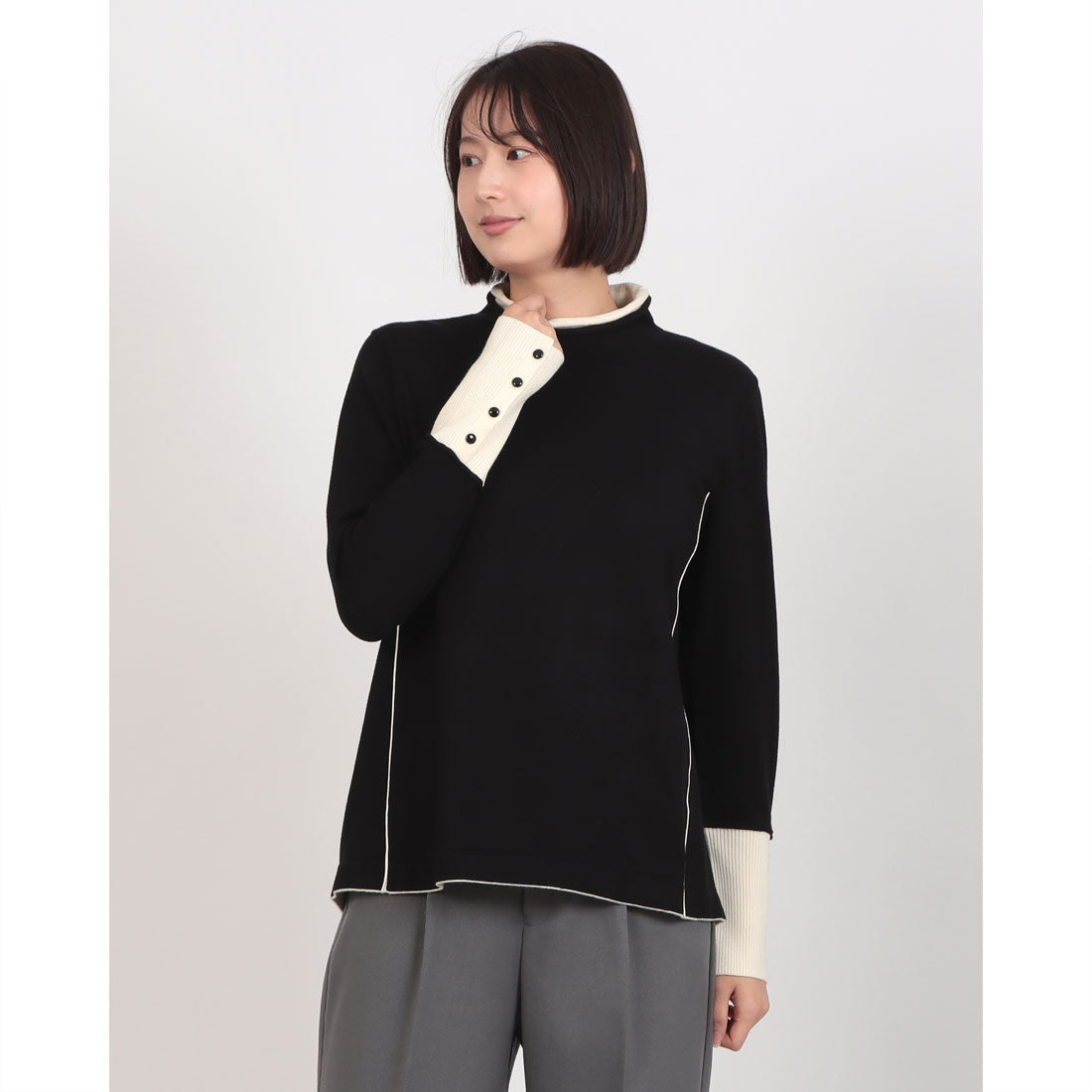 ブローディア BRODIAEA ロールネック配色ニット （ブラック） ブラック