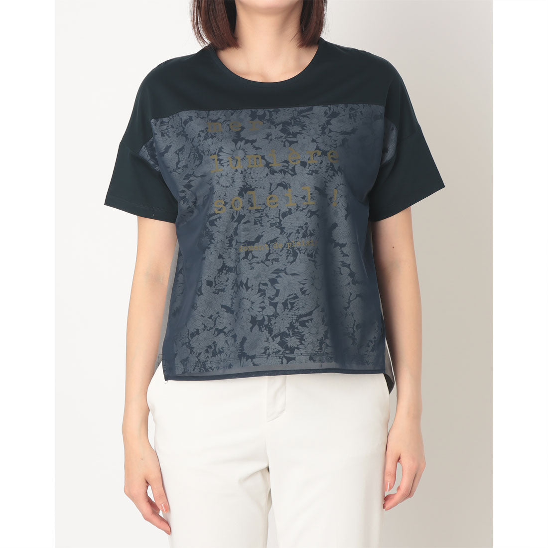 ブローディア BRODIAEA チュール重ね花柄プリント 配色Tシャツ【日本製】 （ネイビー） ネイビー
