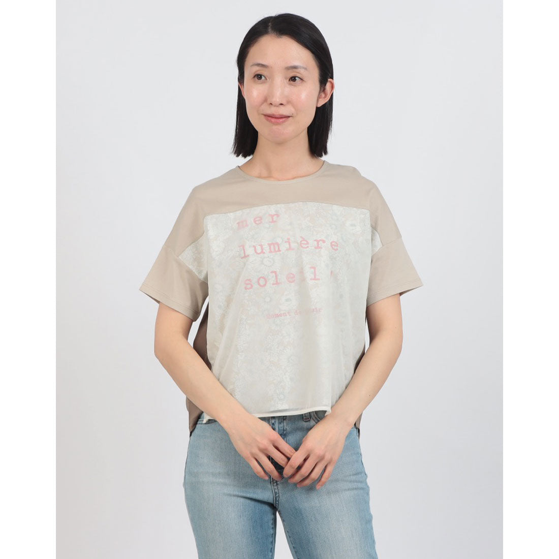ブローディア BRODIAEA チュール重ね花柄プリント 配色Tシャツ【日本製】 （ベージュ） ベージュ