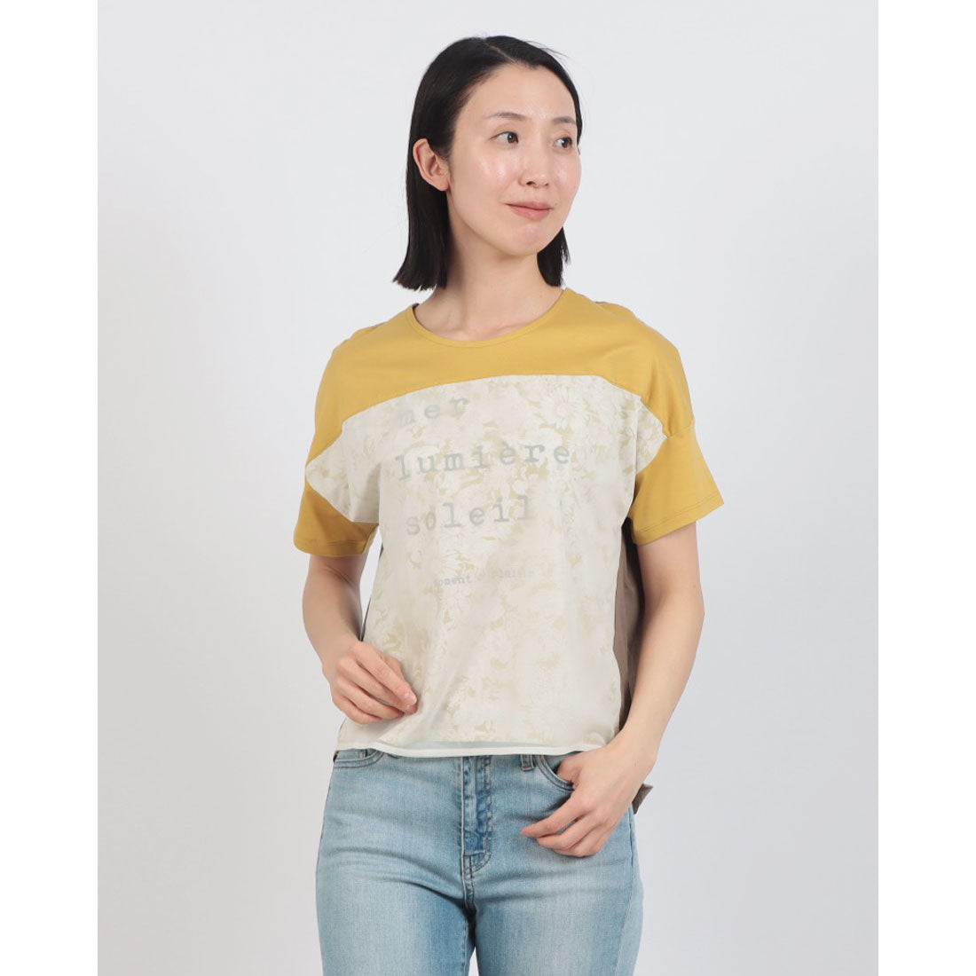 ブローディア BRODIAEA チュール重ね花柄プリント 配色Tシャツ【日本製】 （マスタード） マスタード