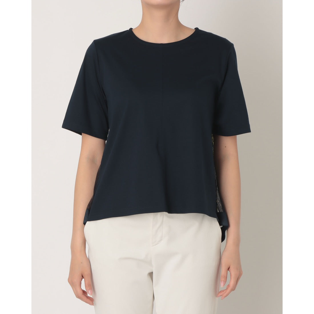 ブローディア BRODIAEA バック切替えフラワー×チュール半袖Tシャツ【日本製】 （ネイビー） ネイビー