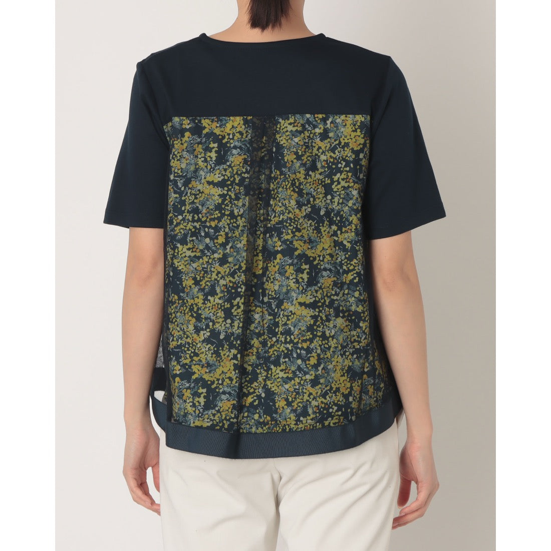 ブローディア BRODIAEA バック切替えフラワー×チュール半袖Tシャツ【日本製】 （ネイビー） ネイビー