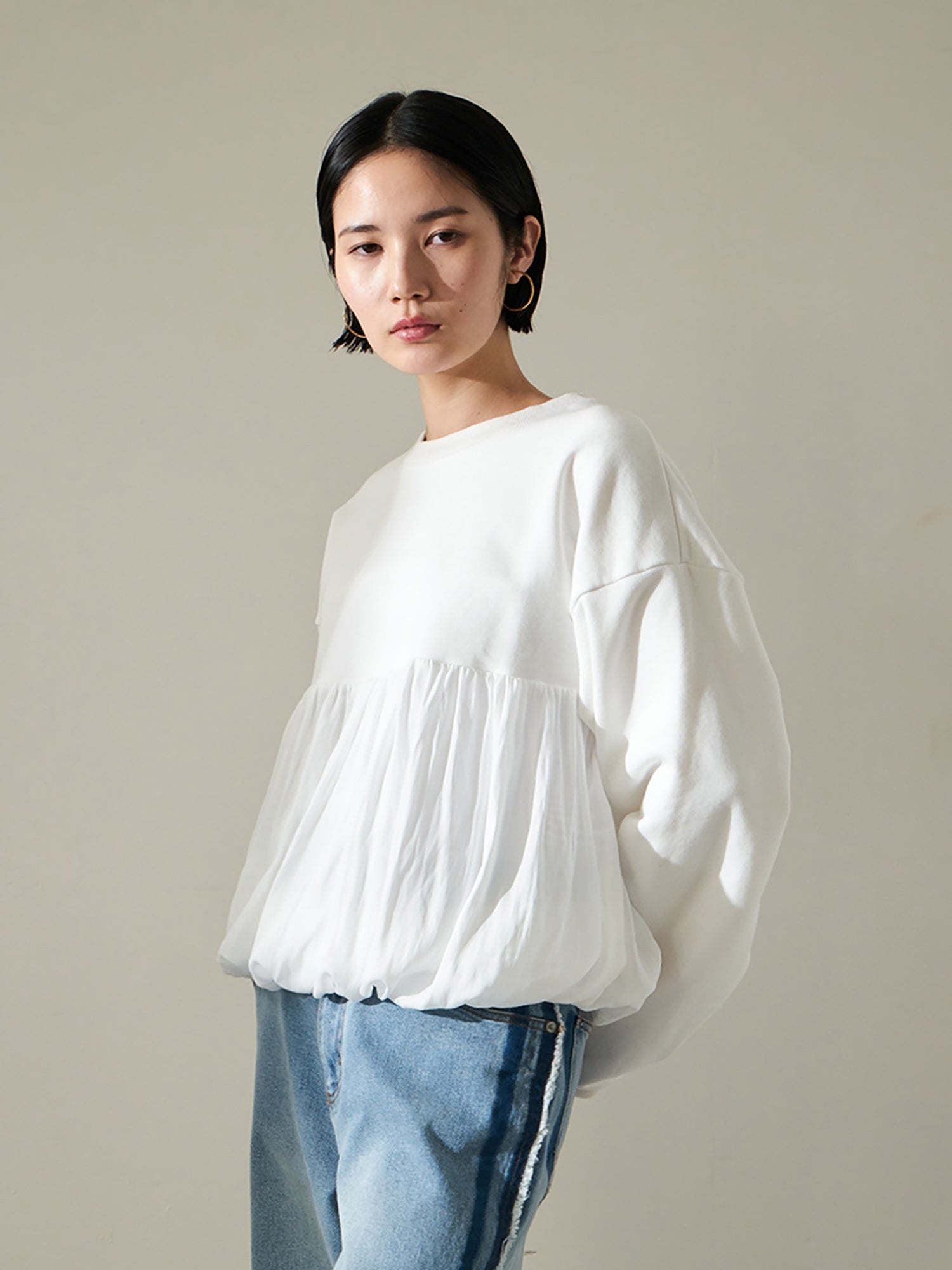 Brown&Street Mixed Material Gathered Top