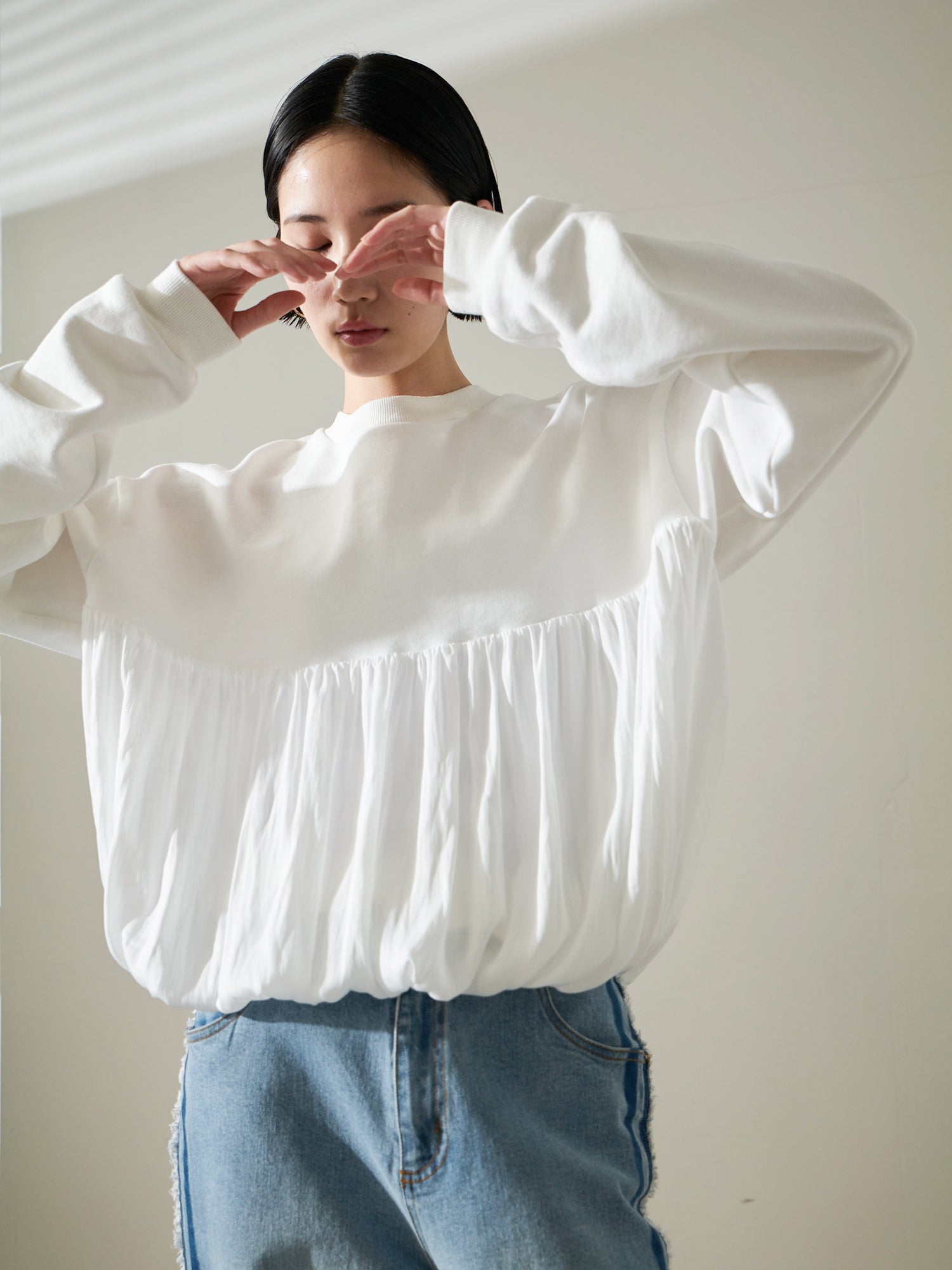 Brown&Street Mixed Material Gathered Top