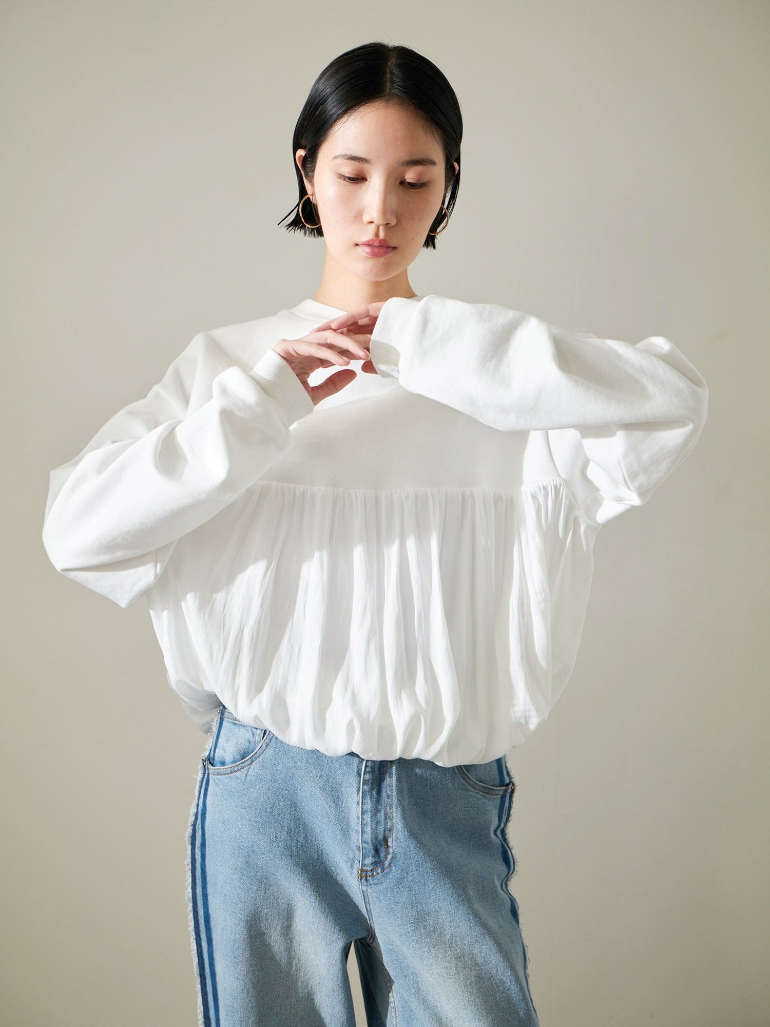 Brown&Street Mixed Material Gathered Top