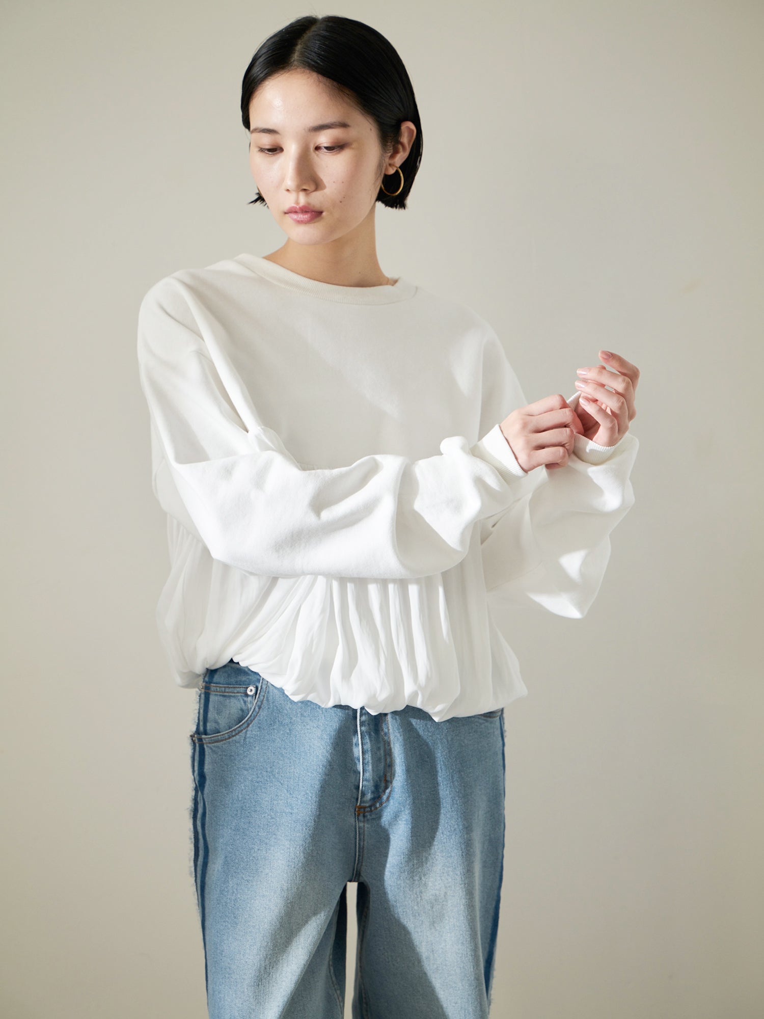 Brown&Street Mixed Material Gathered Top