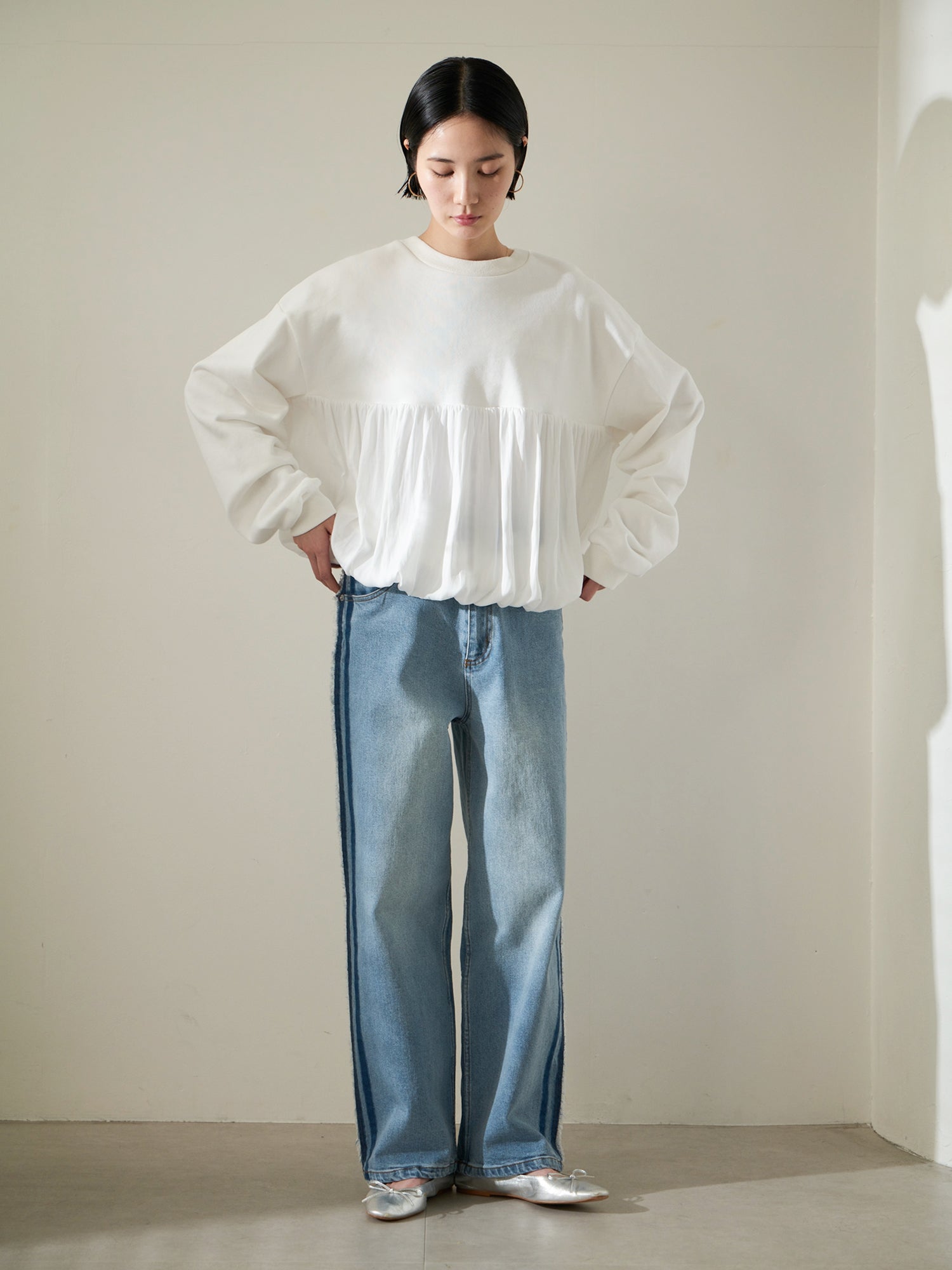 Brown&Street Mixed Material Gathered Top