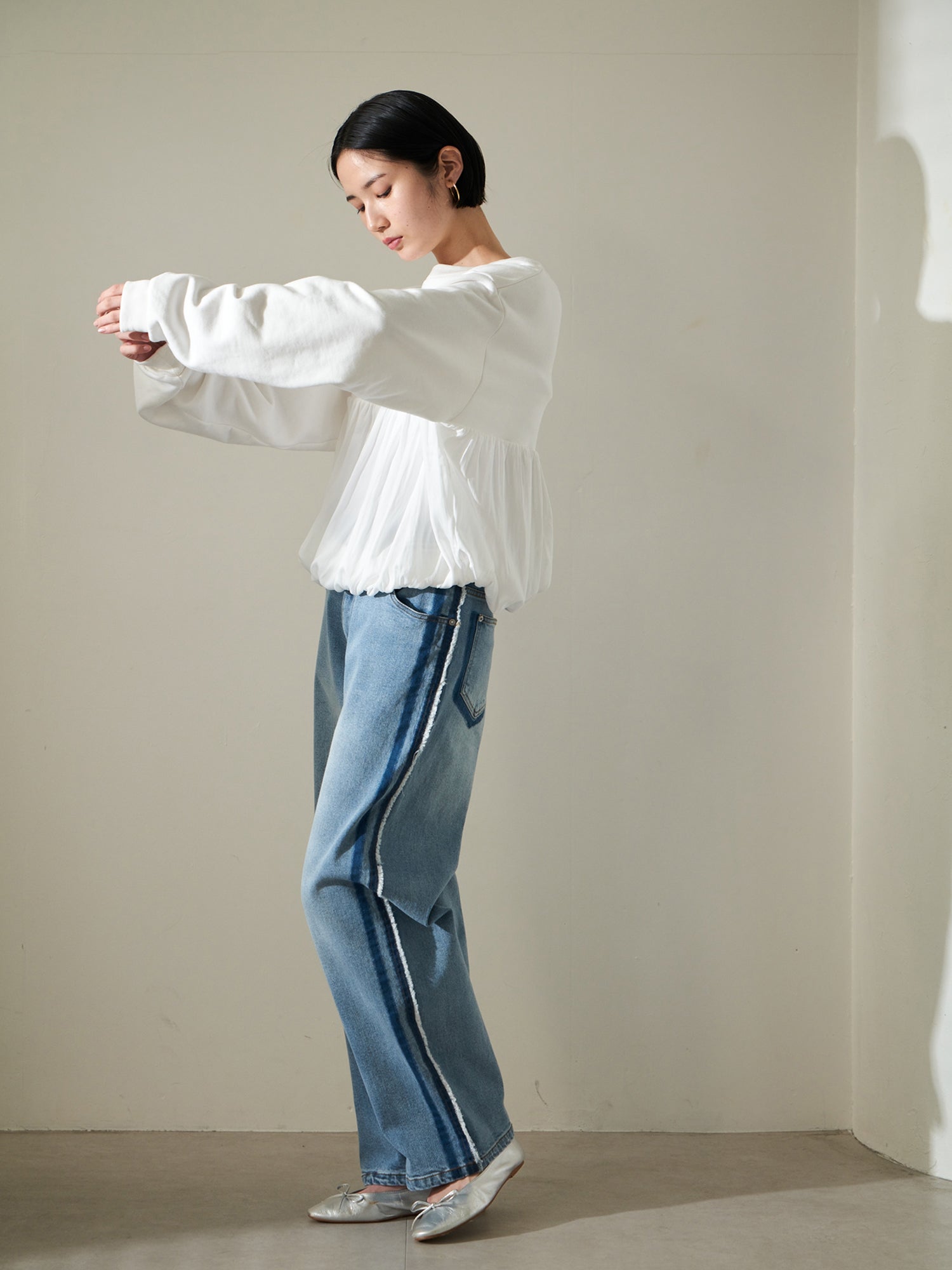 Brown&Street Mixed Material Gathered Top