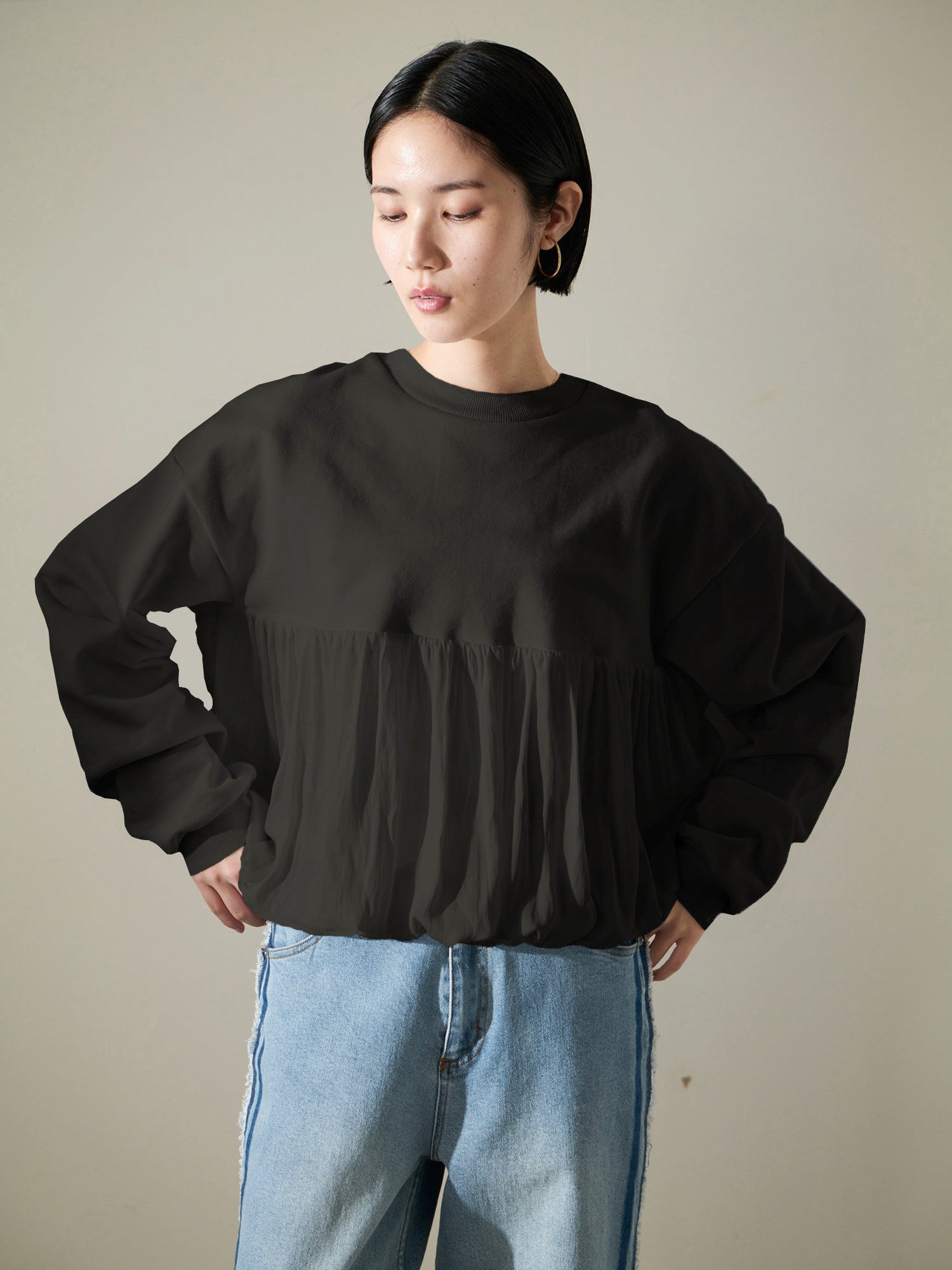 Brown&Street Mixed Material Gathered Top