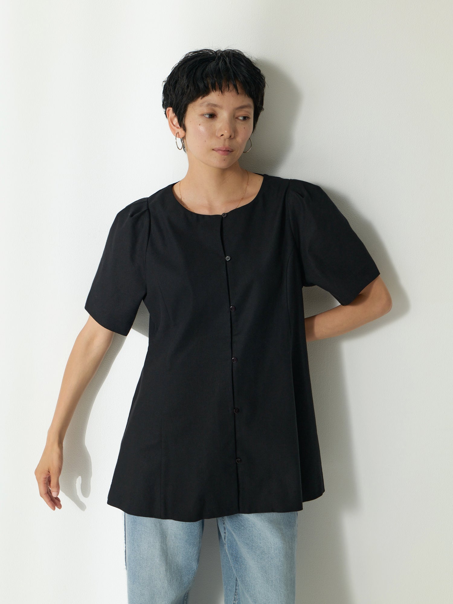 ブラウンアンドストリート Brown&Street リネン混ウエストライントップス （ブラック） ブラック