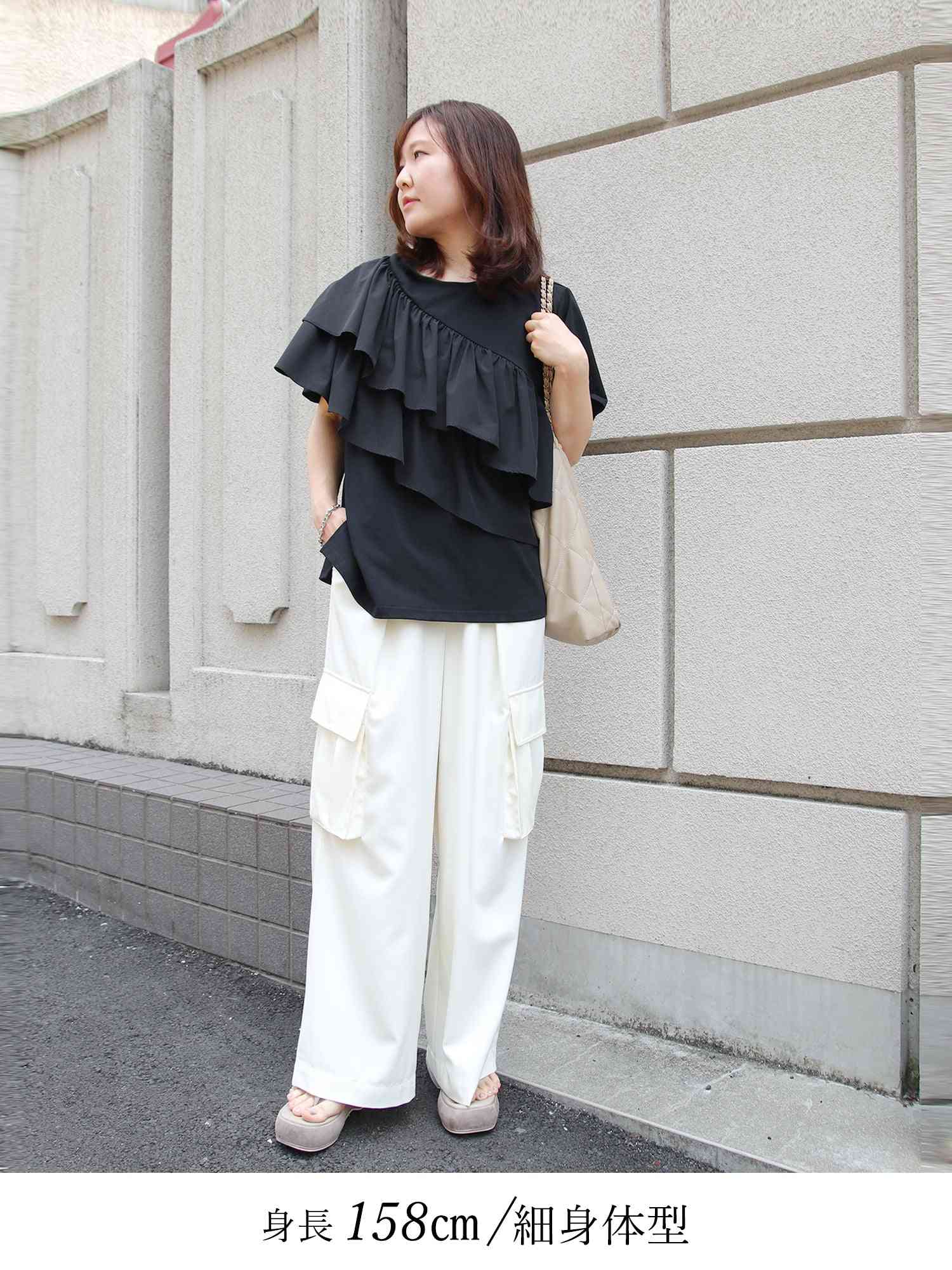 ブラウンアンドストリート Brown&Street アシンメトリーフリルトップス （ブラック） ブラック