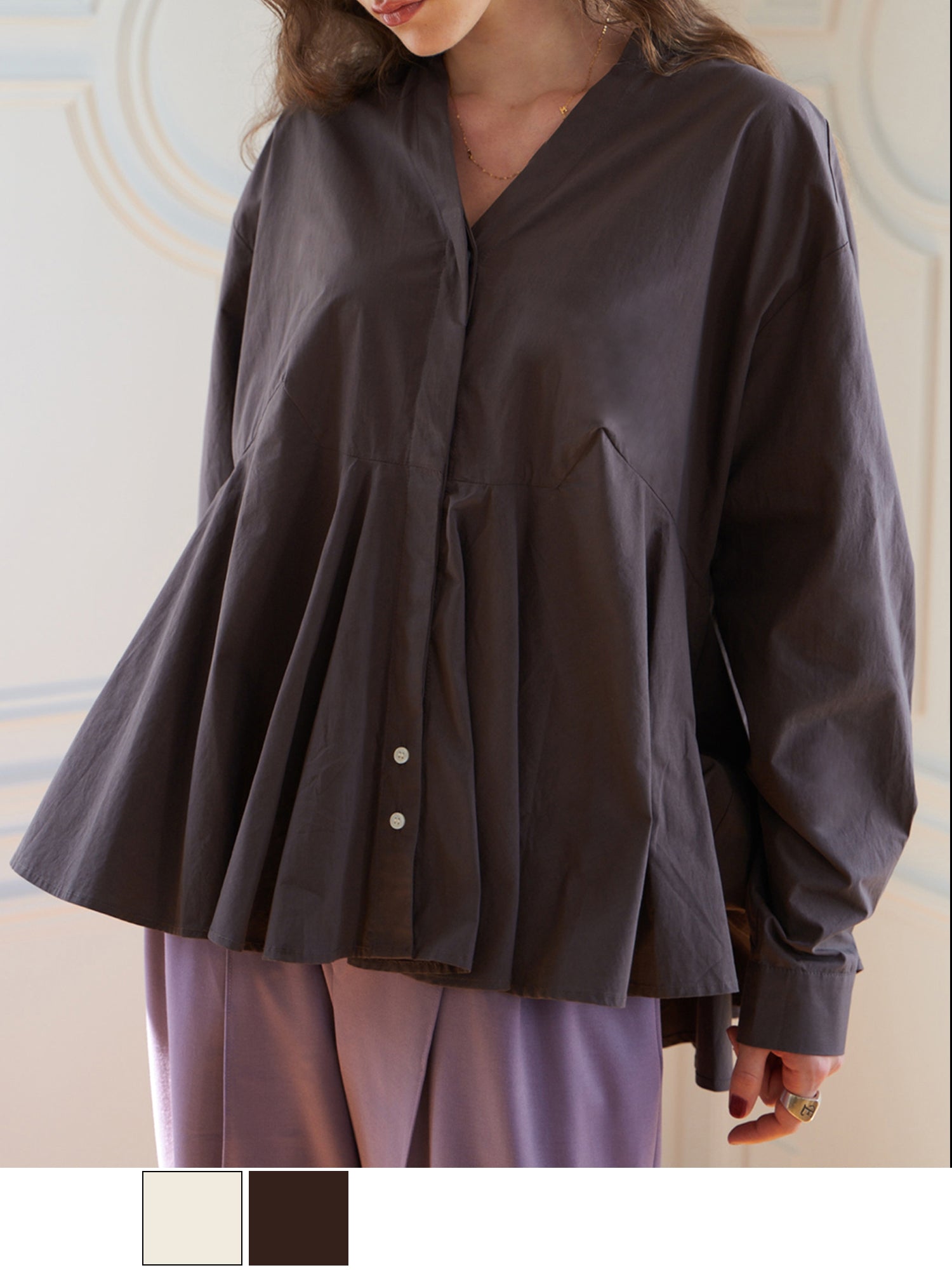 ブラウンアンドストリート Brown&Street Vネックペプラムシャツ （ブラウン） ブラウン