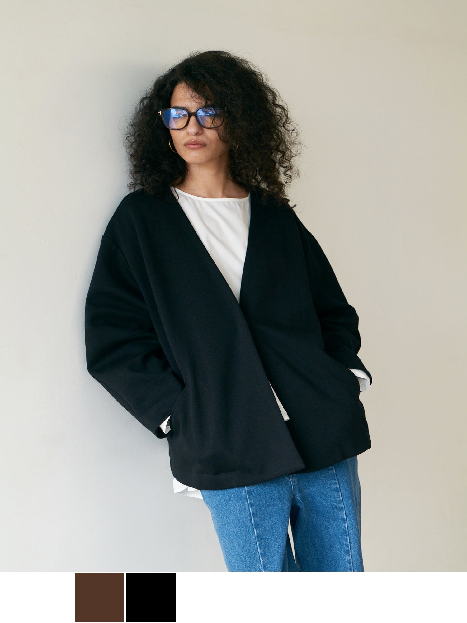 ブラウンアンドストリート Brown&Street 【軽やかな“大人の羽織り”】Vネックカットソージャケット （ブラック） ブラック