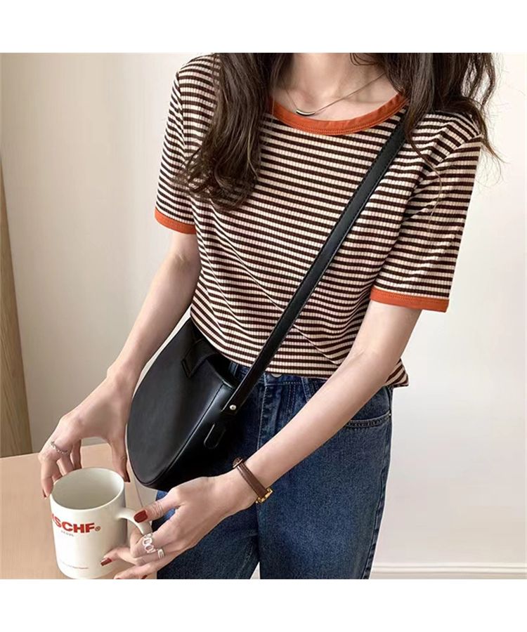 Beststore Bicolor Stripe T-Shirt Korean Fashion T-Shirt Tops T-Shirt Summer Short Sleeve Simple Stripe T-Shirt Color Matching New Spring/Summer Basic Cute