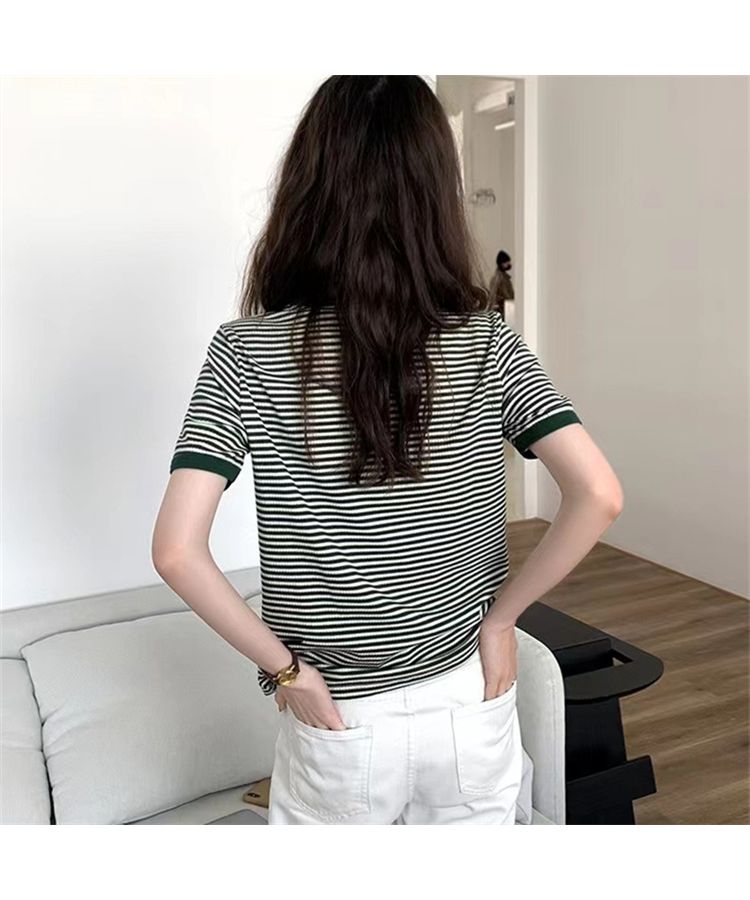 Beststore Bicolor Stripe T-Shirt Korean Fashion T-Shirt Tops T-Shirt Summer Short Sleeve Simple Stripe T-Shirt Color Matching New Spring/Summer Basic Cute