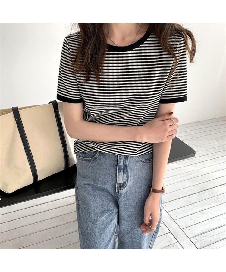 Beststore Bicolor Stripe T-Shirt Korean Fashion T-Shirt Tops T-Shirt Summer Short Sleeve Simple Stripe T-Shirt Color Matching New Spring/Summer Basic Cute