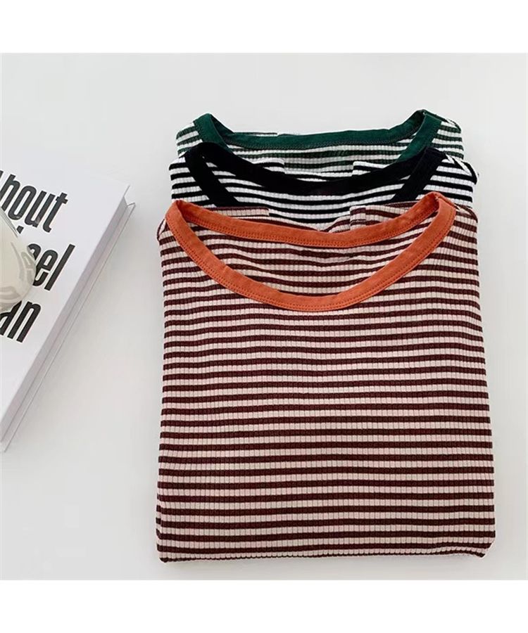 Beststore Bicolor Stripe T-Shirt Korean Fashion T-Shirt Tops T-Shirt Summer Short Sleeve Simple Stripe T-Shirt Color Matching New Spring/Summer Basic Cute