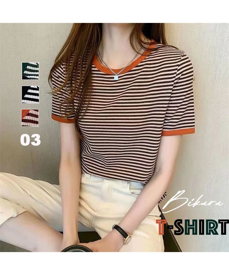 Beststore Bicolor Stripe T-Shirt Korean Fashion T-Shirt Tops T-Shirt Summer Short Sleeve Simple Stripe T-Shirt Color Matching New Spring/Summer Basic Cute