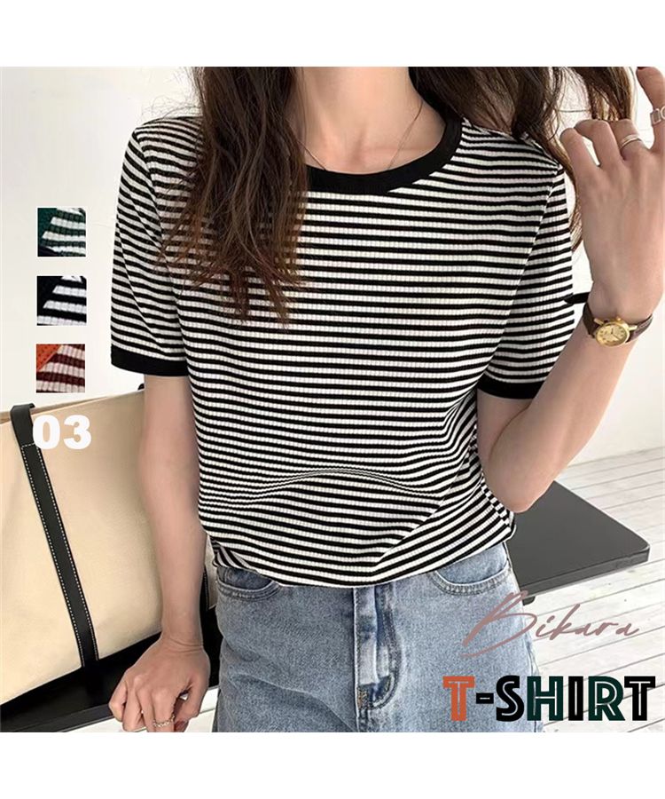 Beststore Bicolor Stripe T-Shirt Korean Fashion T-Shirt Tops T-Shirt Summer Short Sleeve Simple Stripe T-Shirt Color Matching New Spring/Summer Basic Cute