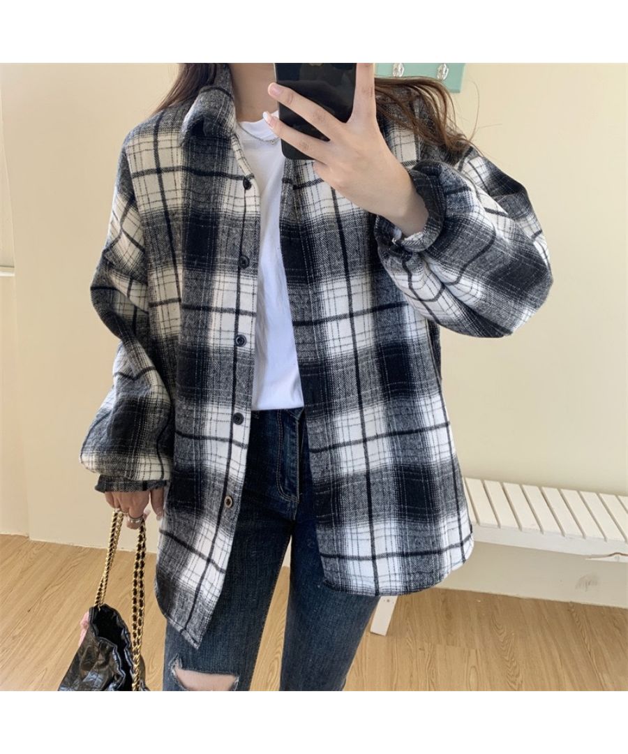 最佳商店 Beststore 格紋襯衫 上衣 寬鬆呢料襯衫 寬鬆 格紋外套 長袖襯衫 時尚 休閒 開領呢料襯衫 格紋長 tunic