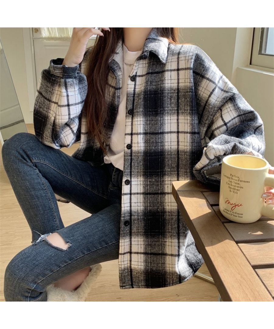 最佳商店 Beststore 格紋襯衫 上衣 寬鬆呢料襯衫 寬鬆 格紋外套 長袖襯衫 時尚 休閒 開領呢料襯衫 格紋長 tunic