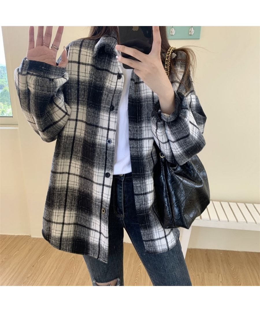 最佳商店 Beststore 格紋襯衫 上衣 寬鬆呢料襯衫 寬鬆 格紋外套 長袖襯衫 時尚 休閒 開領呢料襯衫 格紋長 tunic