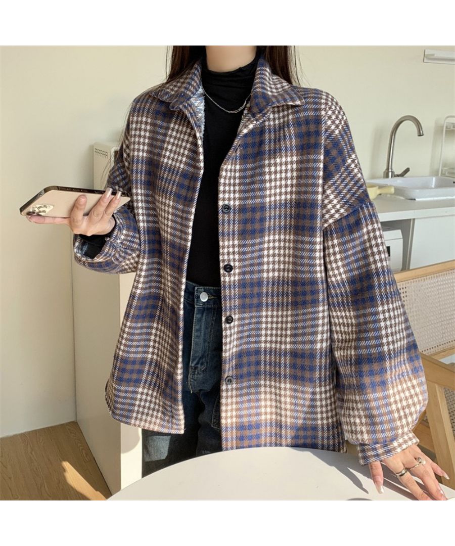 最佳商店 Beststore 格紋襯衫 上衣 寬鬆呢料襯衫 寬鬆 格紋外套 長袖襯衫 時尚 休閒 開領呢料襯衫 格紋長 tunic