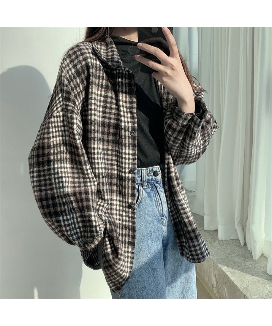 最佳商店 Beststore 格紋襯衫 上衣 寬鬆呢料襯衫 寬鬆 格紋外套 長袖襯衫 時尚 休閒 開領呢料襯衫 格紋長 tunic