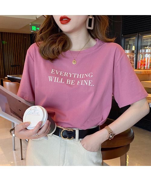 ベストストア Beststore カラーロゴプリントTシャツ トップス 韓国ファッション ゆったりシルエット シンプル カジュアル 夏服 半袖  カットソー 無地 コットン 楽ちん