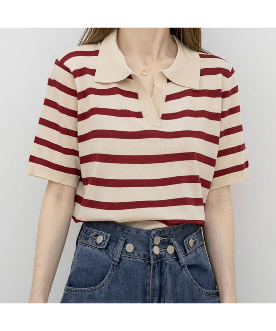 ベストストア Beststore ポロシャツ Vネック 半袖 tシャツ ストライプ カットソー 韓国ファッション トップス ボーダー サマーニット襟付き polo襟 ストライプシャツ （ブラックストライプ） ブラックストライプ