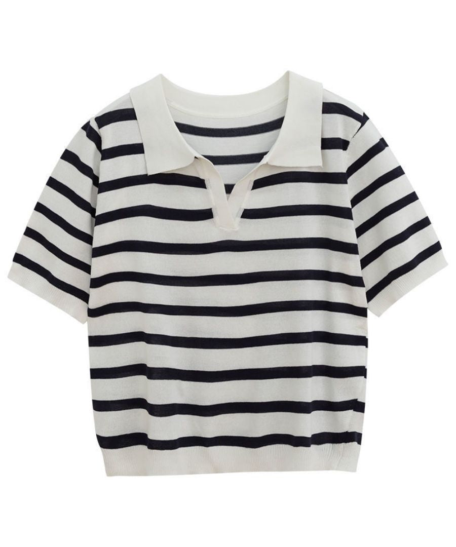 ベストストア Beststore ポロシャツ Vネック 半袖 tシャツ ストライプ カットソー 韓国ファッション トップス ボーダー サマーニット襟付き polo襟 ストライプシャツ （ブラックストライプ） ブラックストライプ