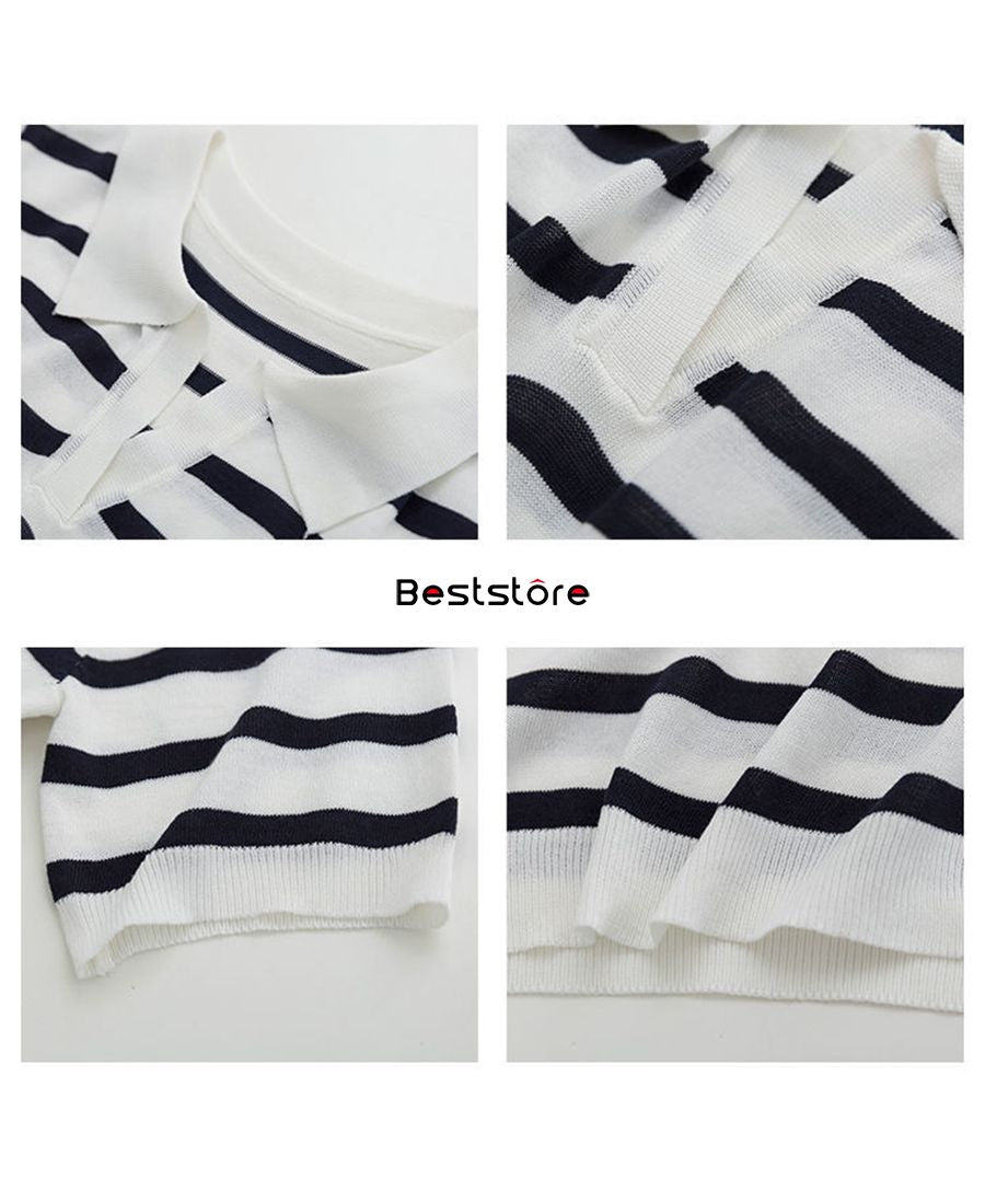 ベストストア Beststore ポロシャツ Vネック 半袖 tシャツ ストライプ カットソー 韓国ファッション トップス ボーダー サマーニット襟付き polo襟 ストライプシャツ （ブラックストライプ） ブラックストライプ