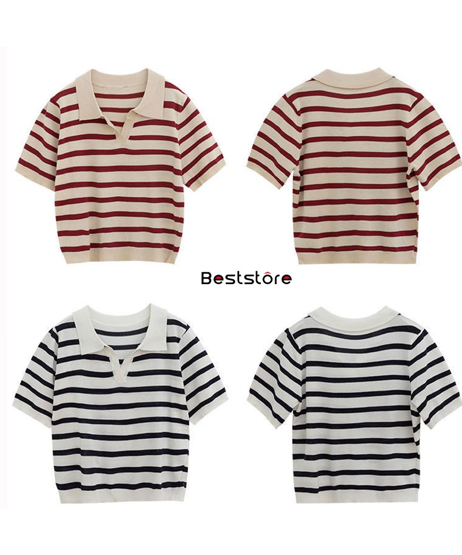 ベストストア Beststore ポロシャツ Vネック 半袖 tシャツ ストライプ カットソー 韓国ファッション トップス ボーダー サマーニット襟付き polo襟 ストライプシャツ （ブラックストライプ） ブラックストライプ