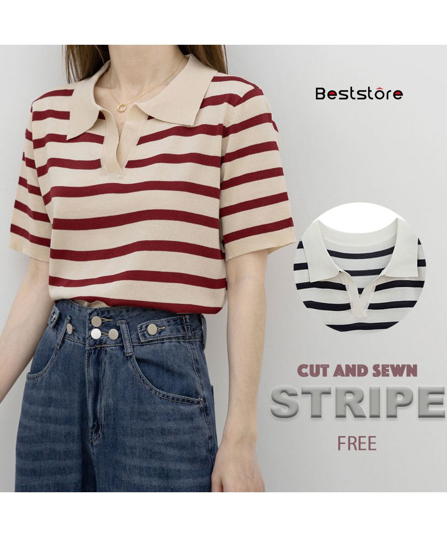 ベストストア Beststore ポロシャツ Vネック 半袖 tシャツ ストライプ カットソー 韓国ファッション トップス ボーダー サマーニット襟付き polo襟 ストライプシャツ （レッドストライプ） レッドストライプ