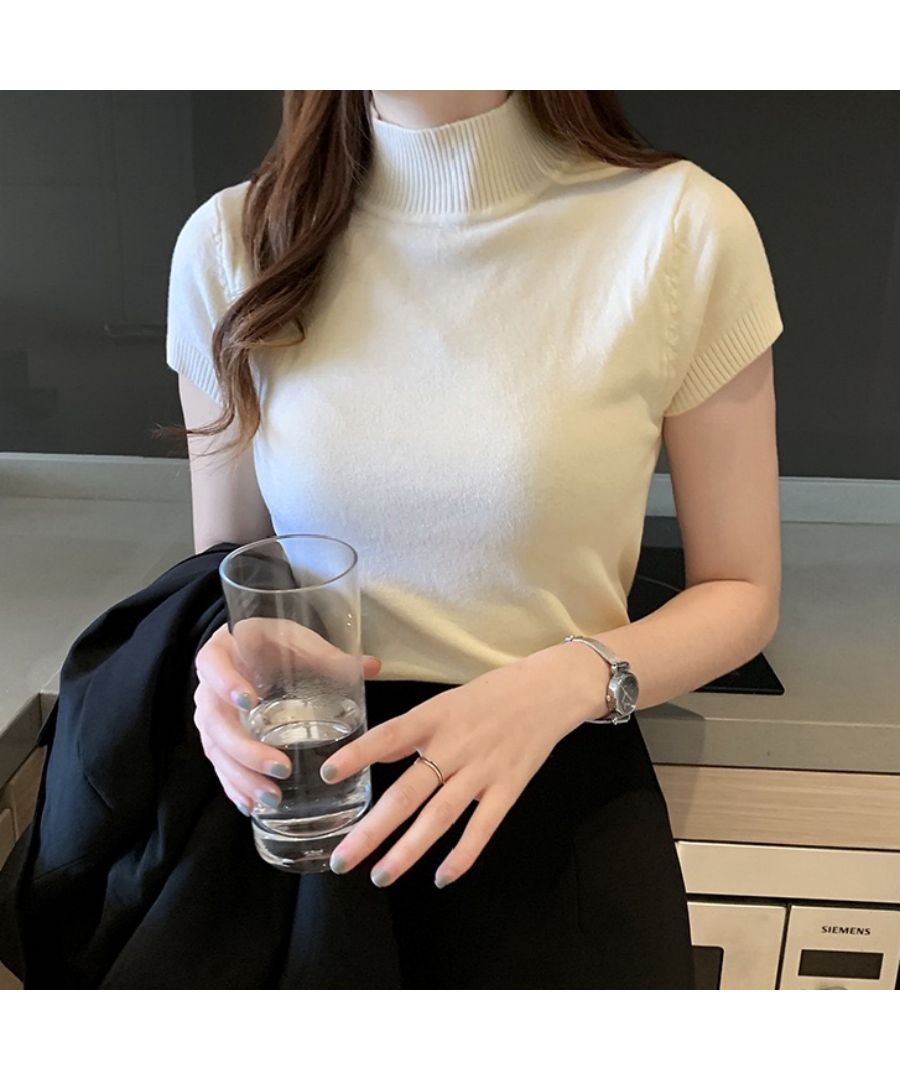 ベストストア Beststore さらっとした肌ざわり サマーニット ハーフタートルネック 半袖リブニット レディーストップス オフィスカジュアル スタンドネック 韓国ファッションニット Tシャ