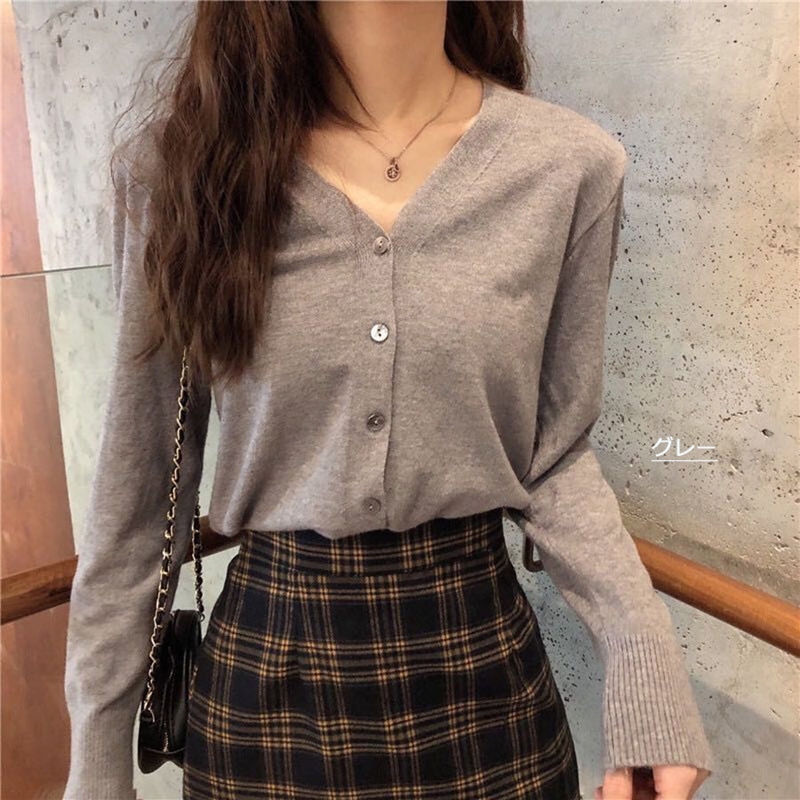 Beststore Women's Fashion Online V-Neck Knit Cardigan Women's Ribbed Button Cardigan Tops Simple Tops Autumn Winter New Arrival Thin Long Sleeve Cardigan