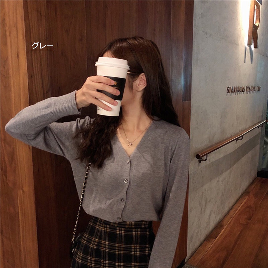 Beststore Women's Fashion Online V-Neck Knit Cardigan Women's Ribbed Button Cardigan Tops Simple Tops Autumn Winter New Arrival Thin Long Sleeve Cardigan