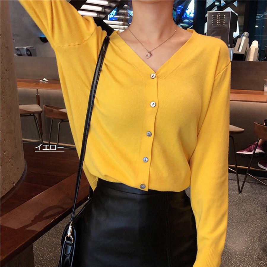 Beststore Women's Fashion Online V-Neck Knit Cardigan Women's Ribbed Button Cardigan Tops Simple Tops Autumn Winter New Arrival Thin Long Sleeve Cardigan