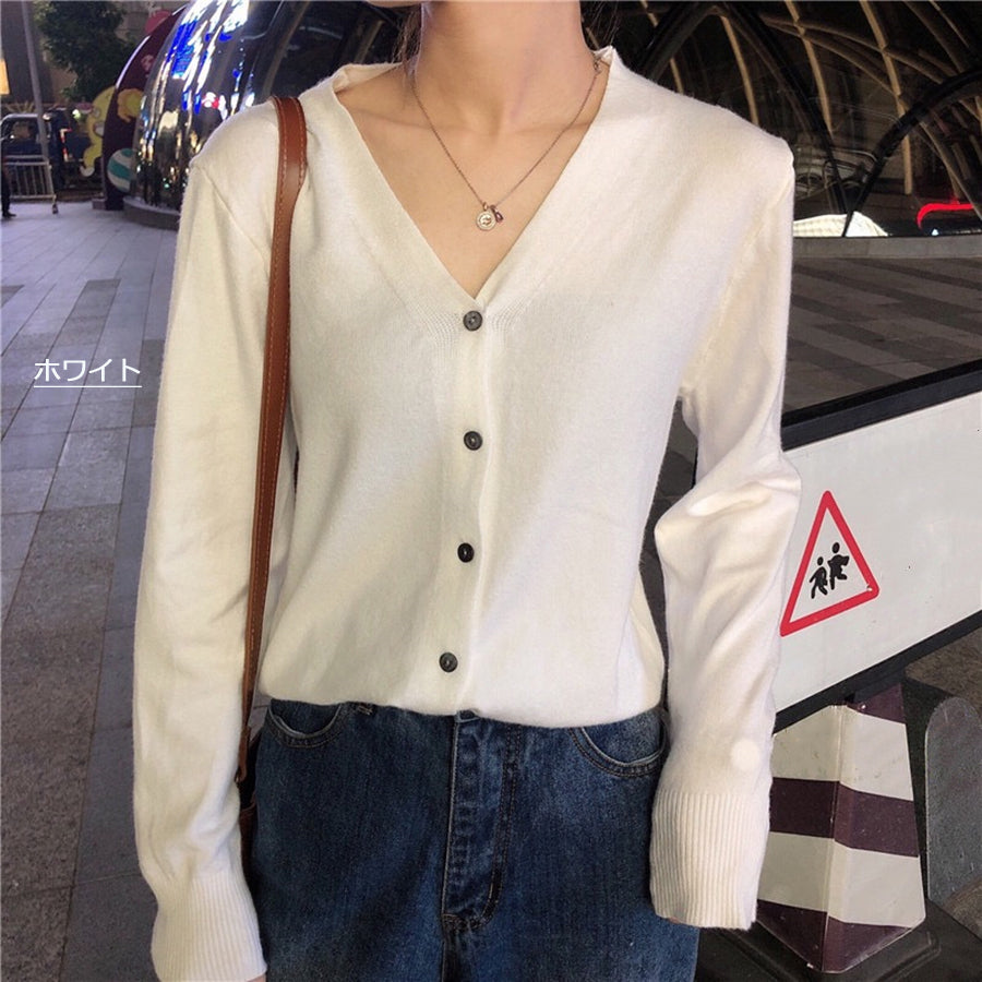 Beststore Women's Fashion Online V-Neck Knit Cardigan Women's Ribbed Button Cardigan Tops Simple Tops Autumn Winter New Arrival Thin Long Sleeve Cardigan