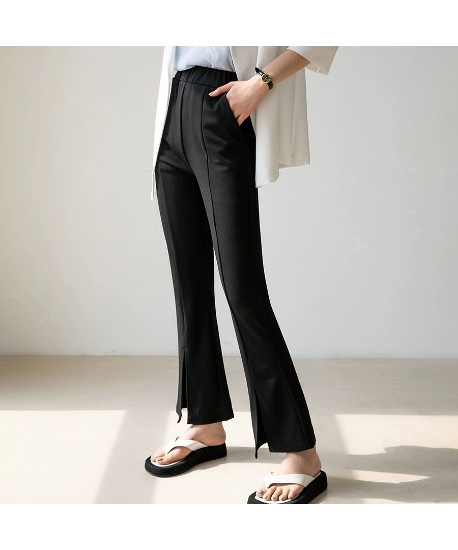 ベストストア Beststore フレアスリット パンツ ワイドパンツ 春 夏 秋 レディース韓国 ワッフルセミ フレアパンツ センタースリット ハイウエスト ゴム仕様 ロング パンツ フロント