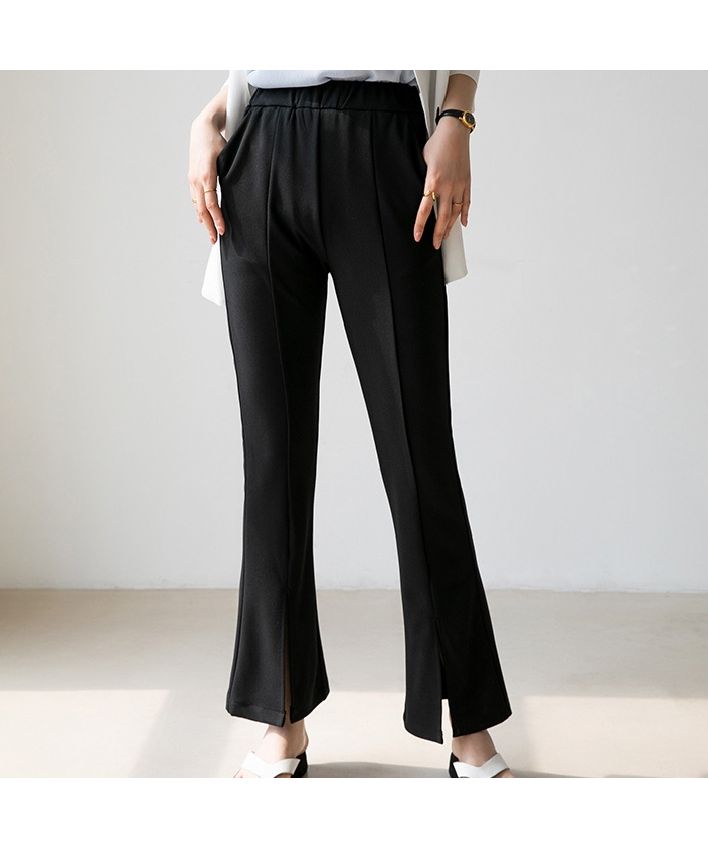 ベストストア Beststore フレアスリット パンツ ワイドパンツ 春 夏 秋 レディース韓国 ワッフルセミ フレアパンツ センタースリット ハイウエスト ゴム仕様 ロング パンツ フロント
