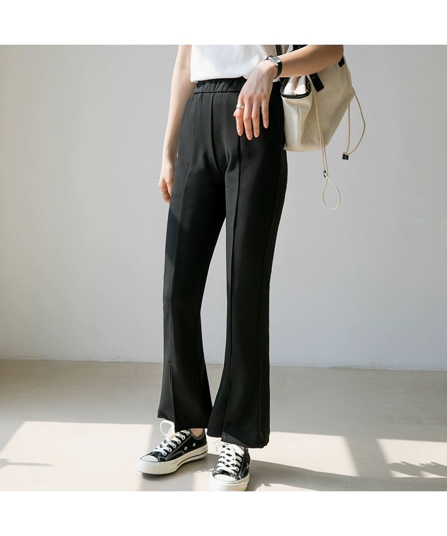 ベストストア Beststore フレアスリット パンツ ワイドパンツ 春 夏 秋 レディース韓国 ワッフルセミ フレアパンツ センタースリット ハイウエスト ゴム仕様 ロング パンツ フロント
