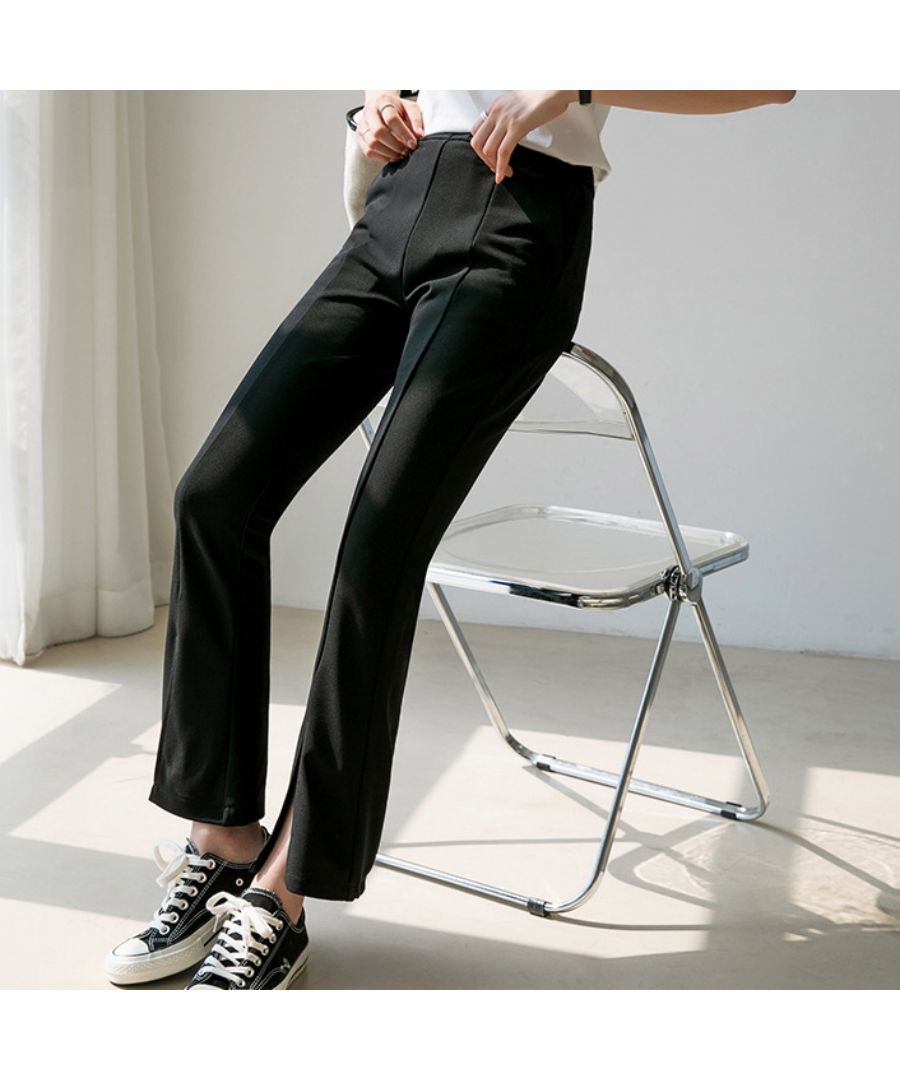 ベストストア Beststore フレアスリット パンツ ワイドパンツ 春 夏 秋 レディース韓国 ワッフルセミ フレアパンツ センタースリット ハイウエスト ゴム仕様 ロング パンツ フロント