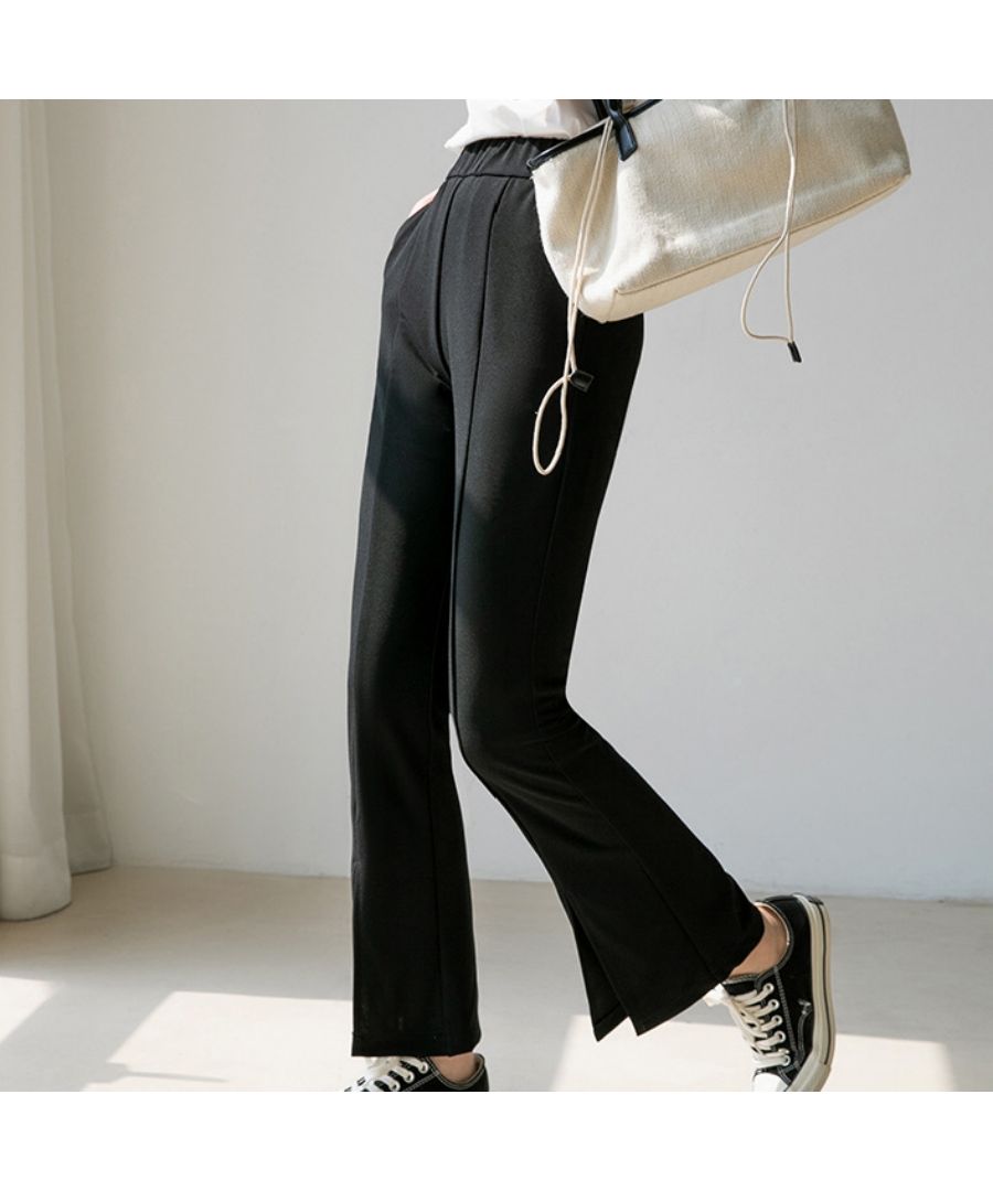 ベストストア Beststore フレアスリット パンツ ワイドパンツ 春 夏 秋 レディース韓国 ワッフルセミ フレアパンツ センタースリット ハイウエスト ゴム仕様 ロング パンツ フロント
