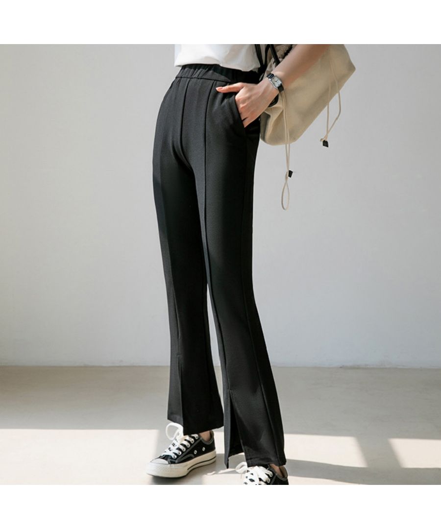 ベストストア Beststore フレアスリット パンツ ワイドパンツ 春 夏 秋 レディース韓国 ワッフルセミ フレアパンツ センタースリット ハイウエスト ゴム仕様 ロング パンツ フロント