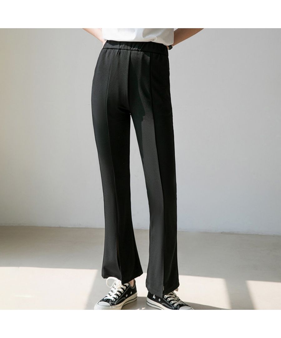 ベストストア Beststore フレアスリット パンツ ワイドパンツ 春 夏 秋 レディース韓国 ワッフルセミ フレアパンツ センタースリット ハイウエスト ゴム仕様 ロング パンツ フロント