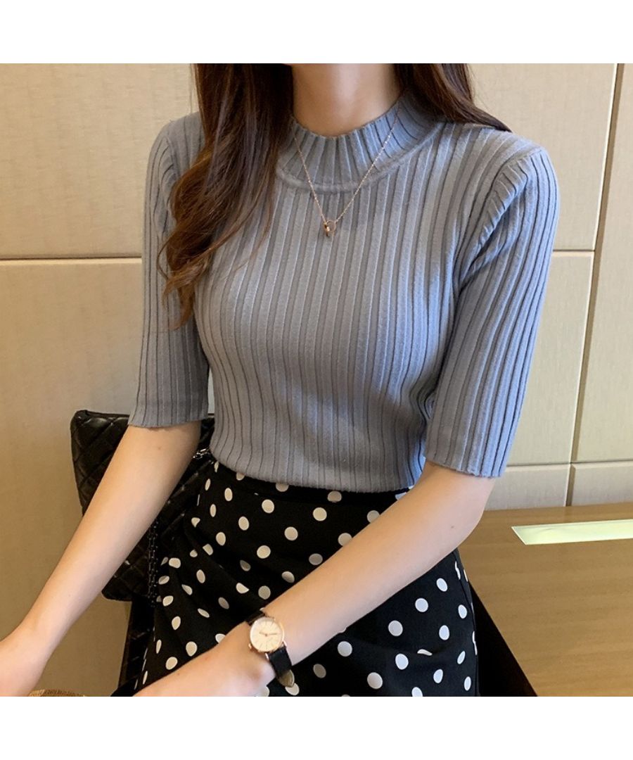 ベストストア Beststore トップス サマーニット ハイネック リブニット カットソー 夏服 レディース 五分袖 ニット プチハイネック 襟 フィット タイト 細見え 半袖 アクリル やわ