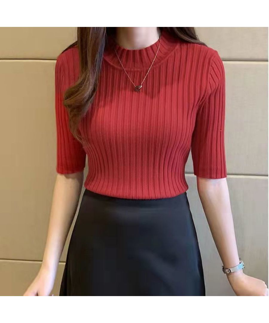 ベストストア Beststore トップス サマーニット ハイネック リブニット カットソー 夏服 レディース 五分袖 ニット プチハイネック 襟 フィット タイト 細見え 半袖 アクリル やわ
