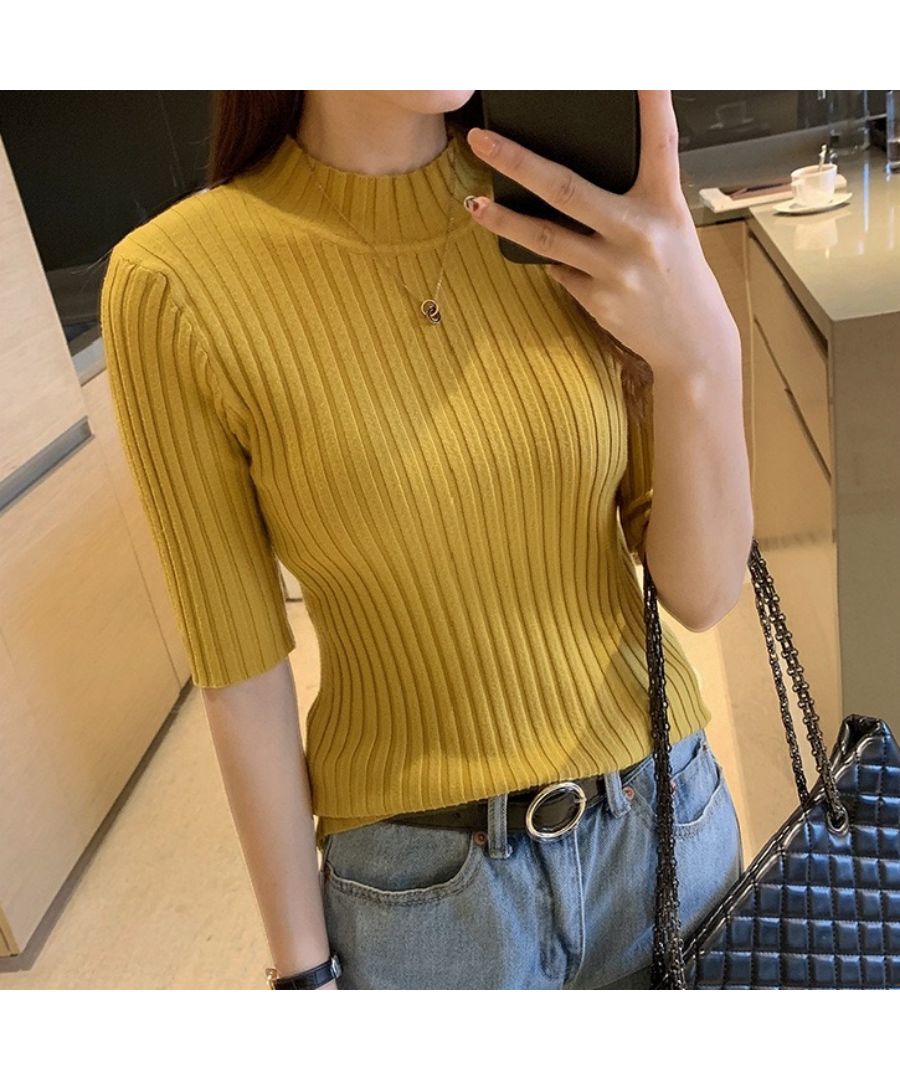 ベストストア Beststore トップス サマーニット ハイネック リブニット カットソー 夏服 レディース 五分袖 ニット プチハイネック 襟 フィット タイト 細見え 半袖 アクリル やわ