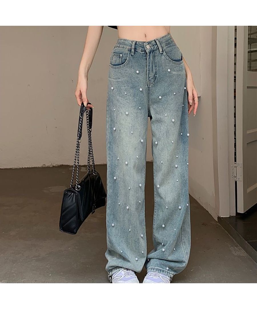 ベストストア Beststore パール付デニムパンツ 春 夏 ハイウエストデニムパンツデニム ワイドパンツ ハイウエスト 脚長 ストレートパンツ 着やせ カジュアル ジーンズ ロング丈 韓国フ